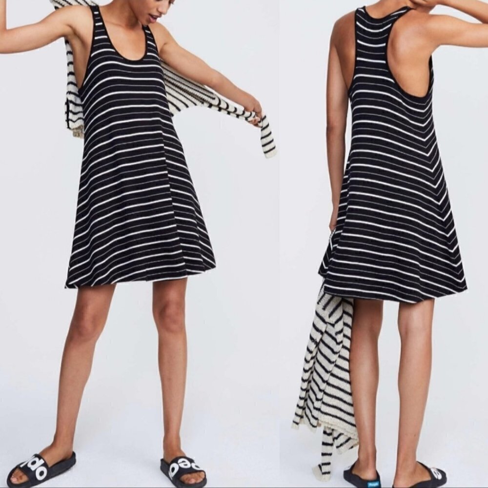 Lou‎ & Grey Black White Striped Racerback Knit Mini Dress Medium